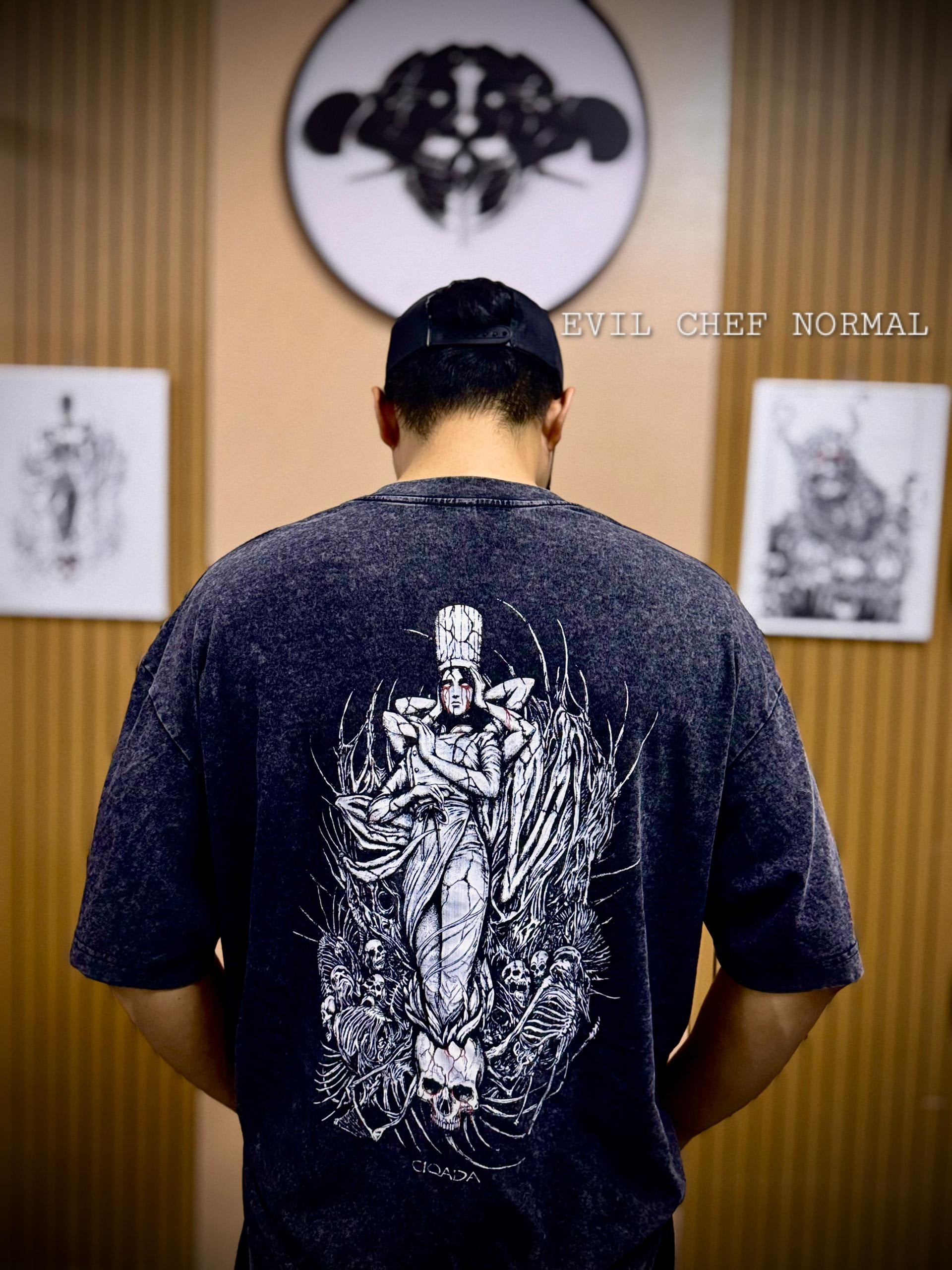 Evil Chef - 230gsm Oversized T Shirt (Washed Shirt) - Hand Drawn Design